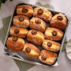 Fresh homemade chocolate filled bomboloni donuts in Lahore coated in sugar and topped with chocolate cream