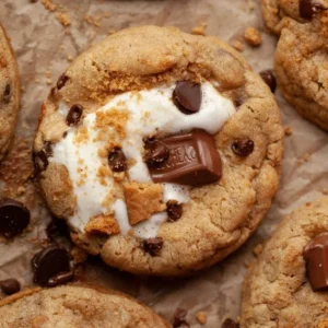 Fresh homemade S'mores cookies in Lahore, topped with melted marshmallow and chocolate pieces.