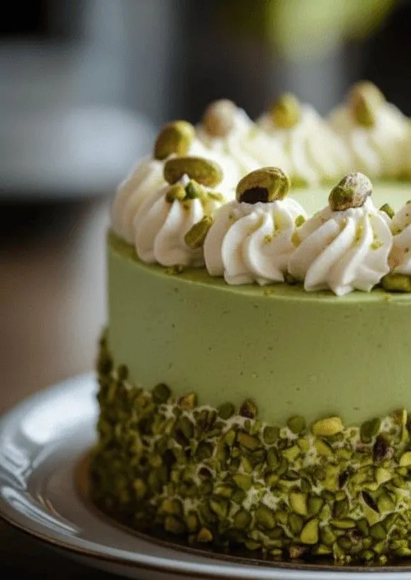 Homemade pistachio cake in Lahore with cream swirls and crushed pistachio coating on sides.