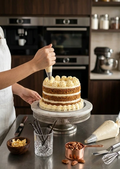 Artisan preparing beautiful homemade cake using fresh cream in a hygienic kitchen environment in Lahore.