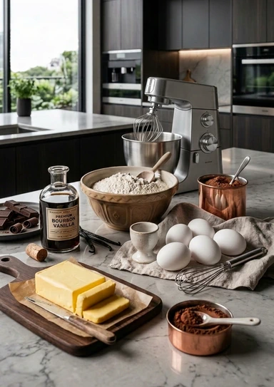 Premium fresh baking ingredients in Lahore displayed in luxury home kitchen for homemade cakes and desserts.