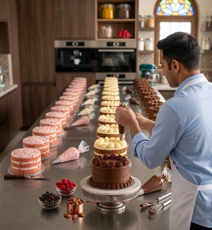 Professional baker decorating homemade cake with fresh cream in Lahore bakery kitchen using piping bag.