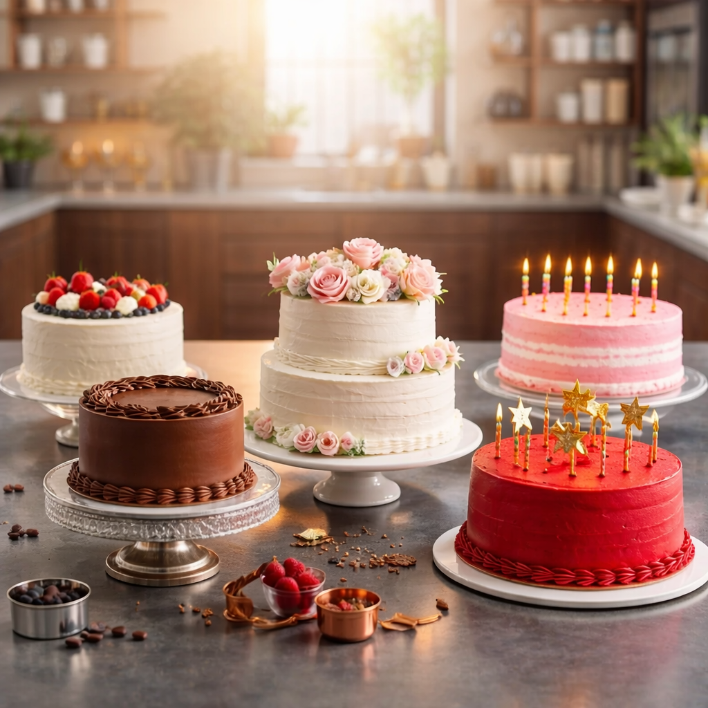 A variety of beautifully decorated cakes including chocolate, wedding, birthday, and fruit cakes displayed on a kitchen counter, representing different occasions.