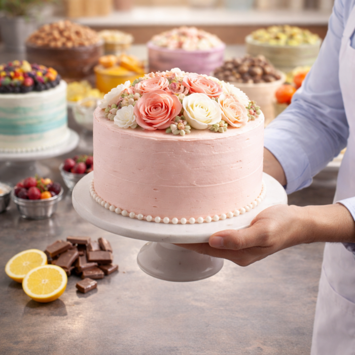 A professional baker holding a beautifully decorated custom cake with floral buttercream design inside a modern bakery kitchen.
