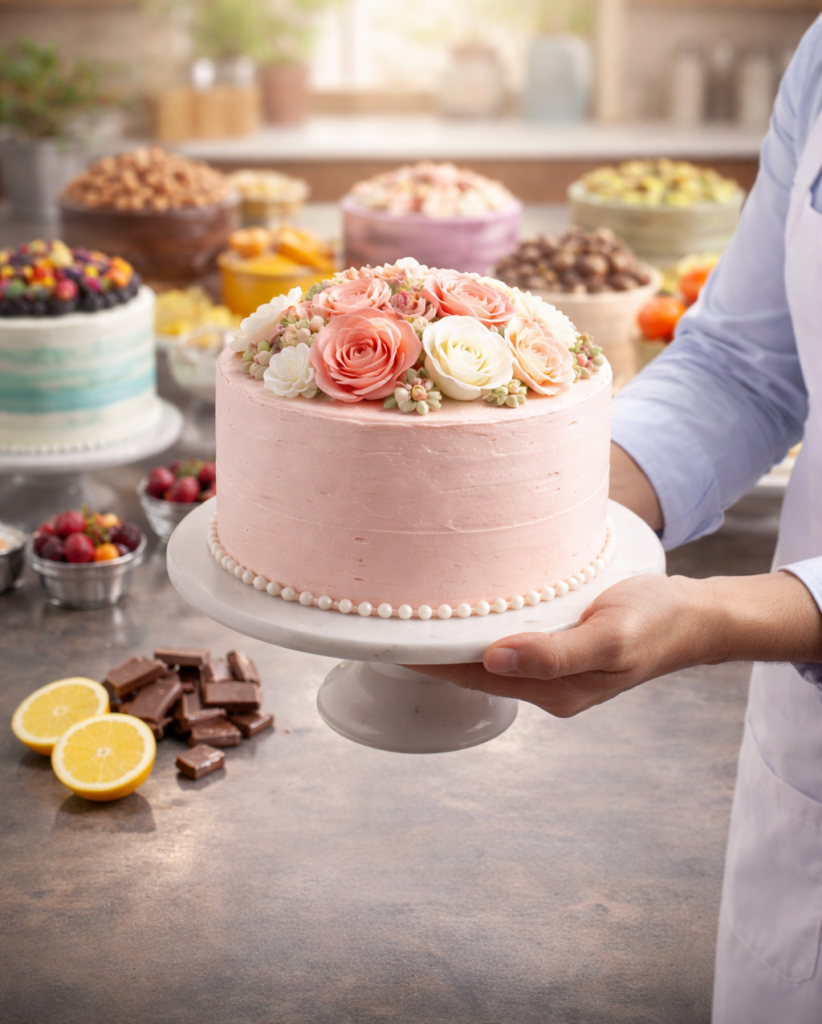 A professional baker holding a beautifully decorated custom cake with floral buttercream design inside a modern bakery kitchen.