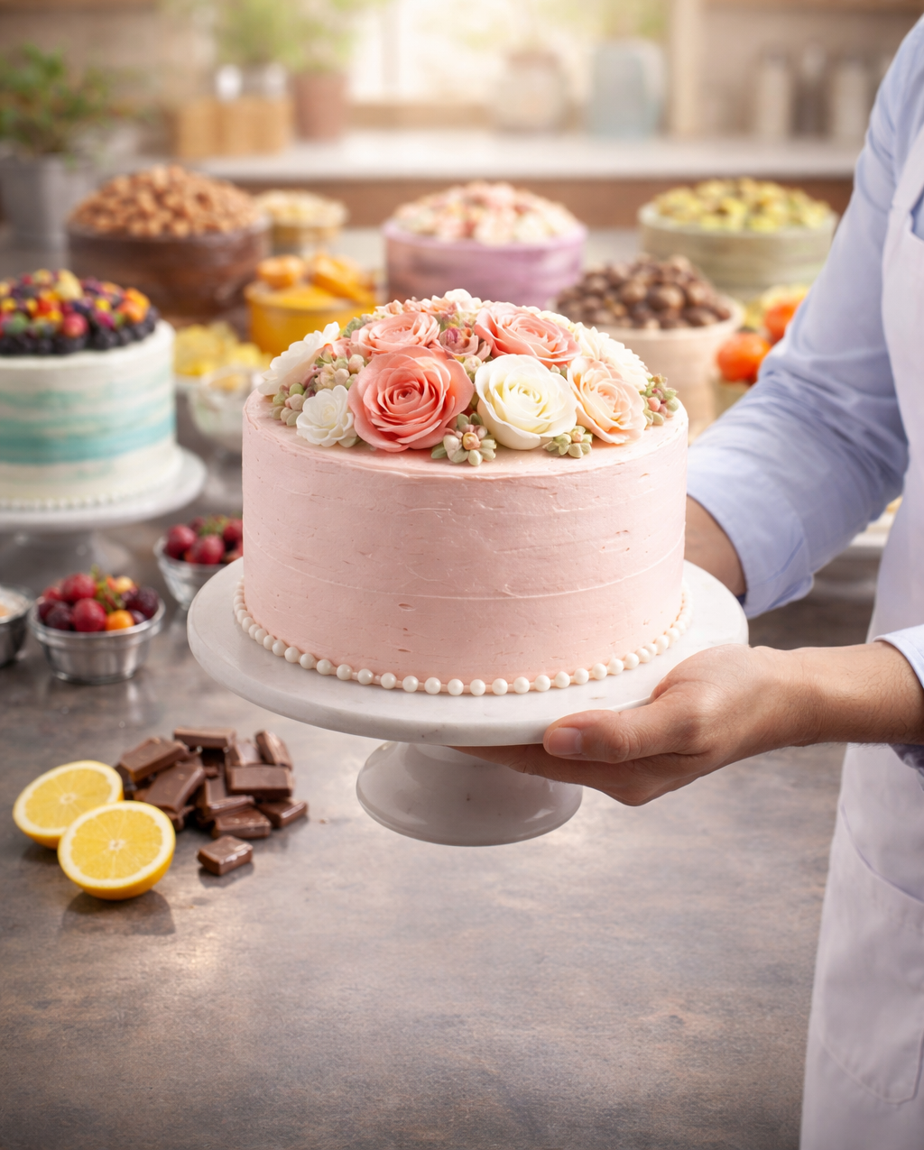 A professional baker holding a beautifully decorated custom cake with floral buttercream design inside a modern bakery kitchen.