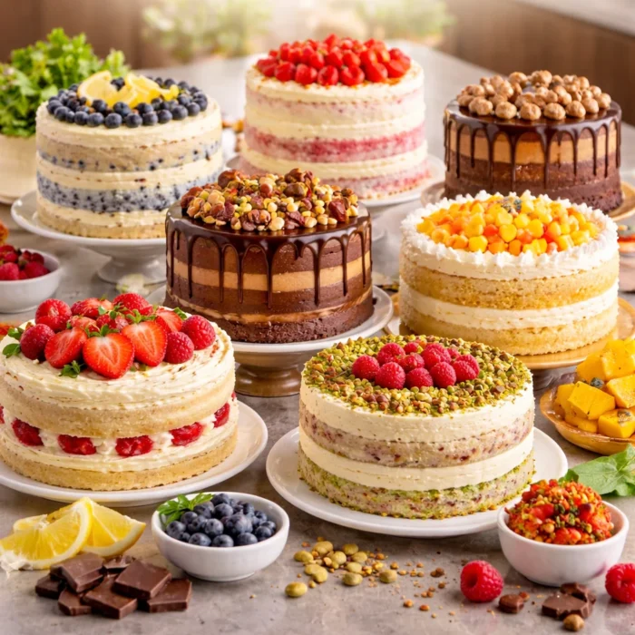 A modern blog featured image showing a variety of trendy and delicious cake flavors for 2026, designed for a food or bakery article about popular and must-try cakes.